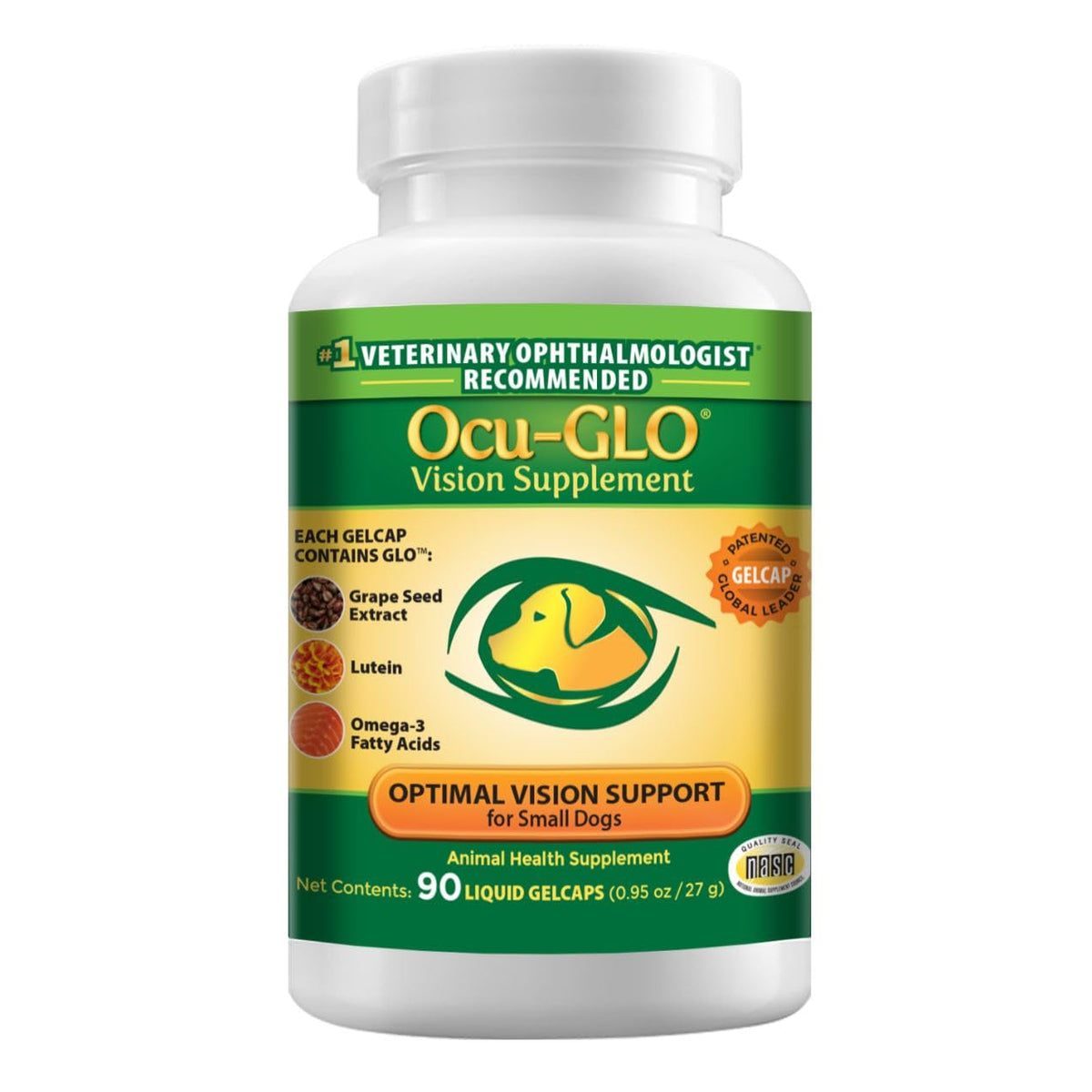 Ocu-GLO, bouteille avec étiquette, soutien quotidien des chiens.