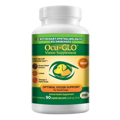 Ocu-GLO, bouteille avec étiquette, soutien quotidien des chiens.