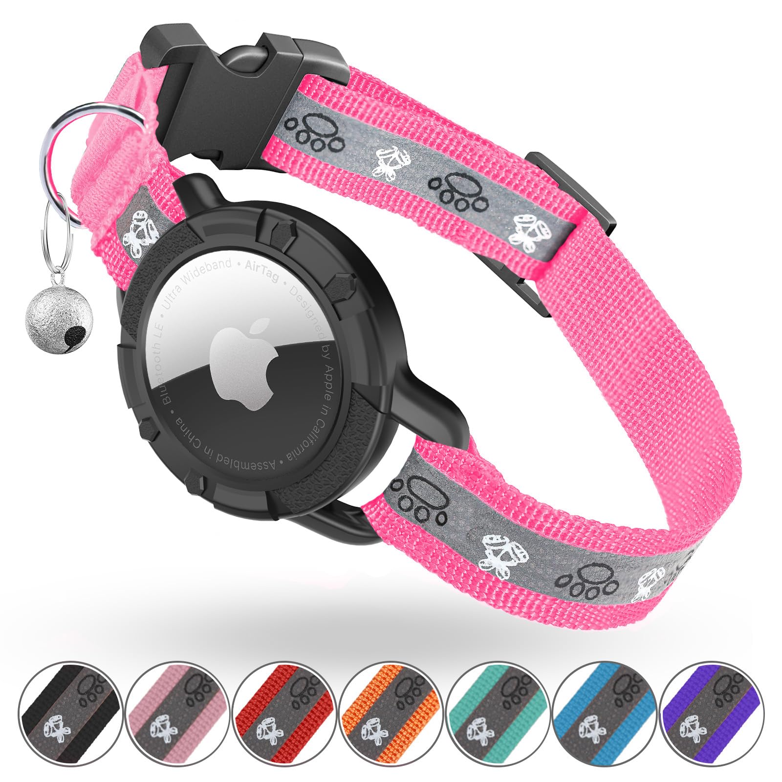 Collier Odokele AirTag réfléchissant Hotpink XS, visibilité nocturne améliorée.