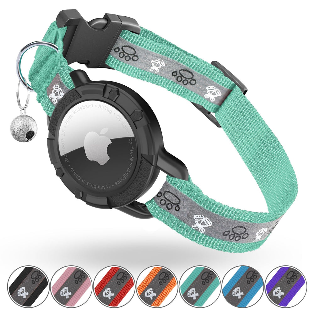 Collier Odokele AirTag réfléchissant vert pour chat, visibilité nocturne améliorée.