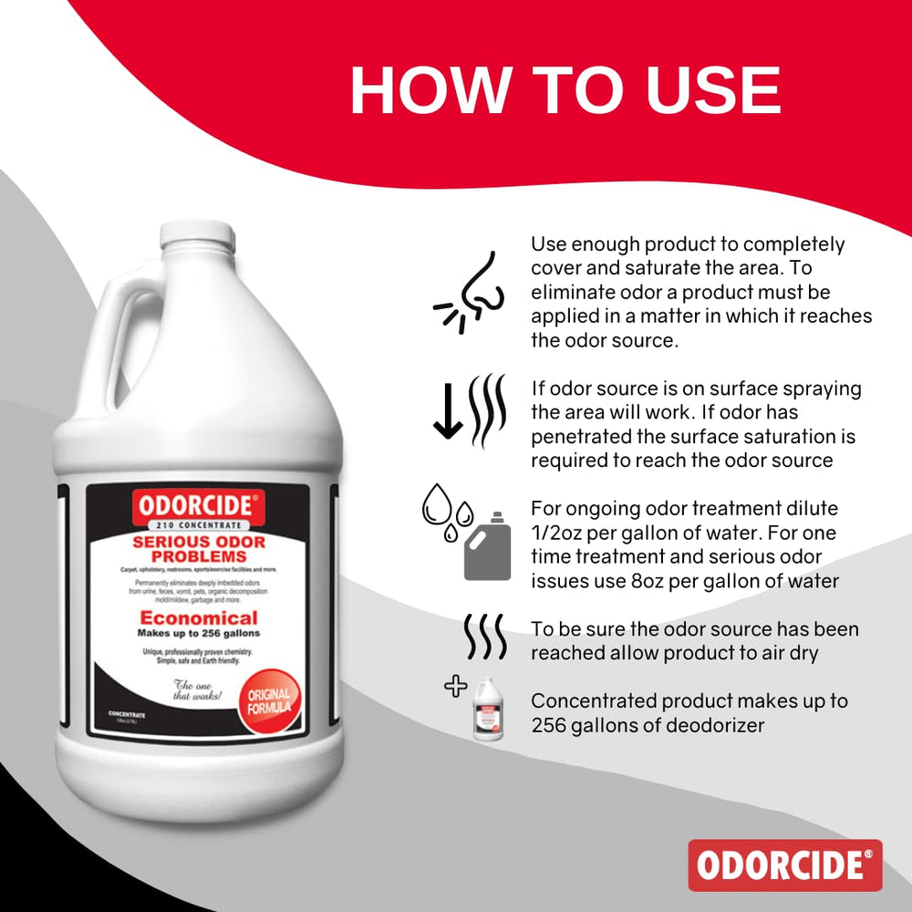 Odorcide Concentre — dilution facile dans l’eau pour traiter tapis et surfaces.
