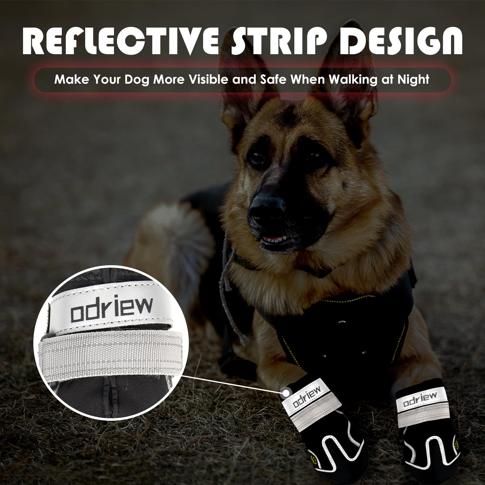 Bottes pour chien ODRIEW, bandes réfléchissantes visibles de nuit.