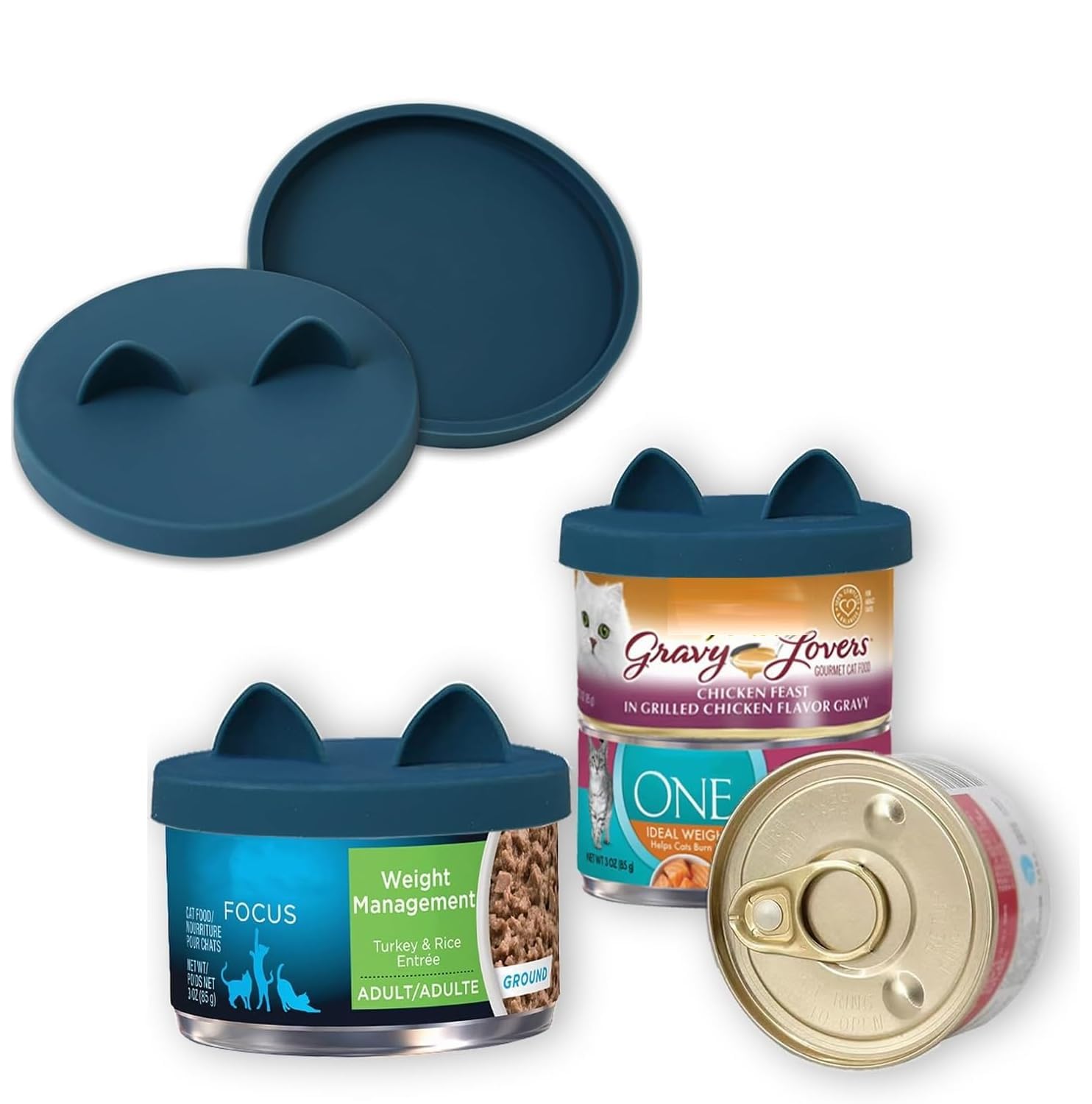 OHMO: couvercles en silicone bleu foncé pour chat, ensemble, qui préservent la fraîcheur.
