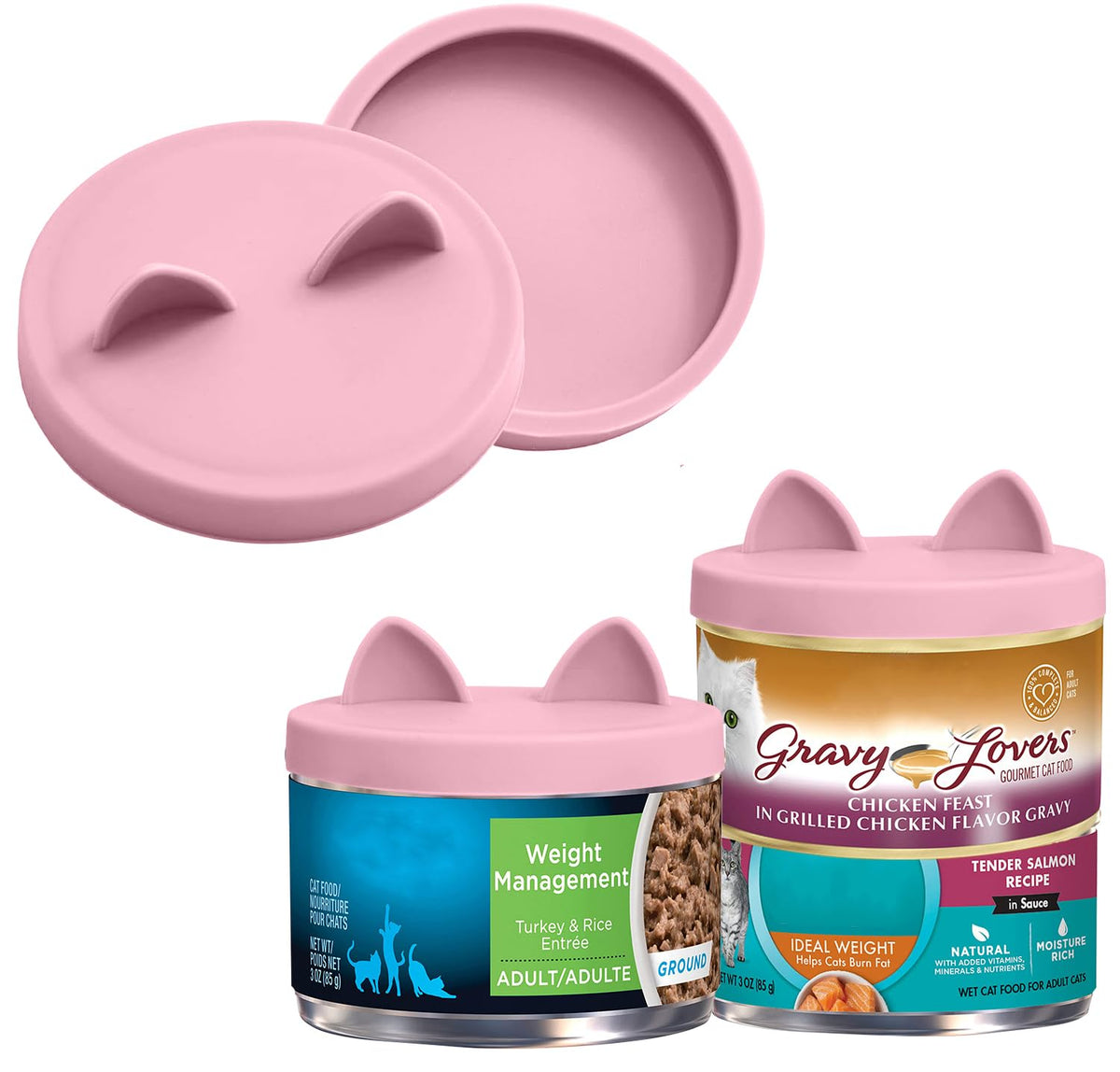 OHMO: deux couvercles en silicone rose pour boîtes chat 3oz, préservent la fraîcheur.