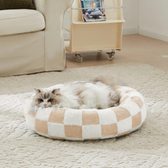 Lit Ohocut pour chat et chien, motif carreaux beige-kaki, confort élégant.