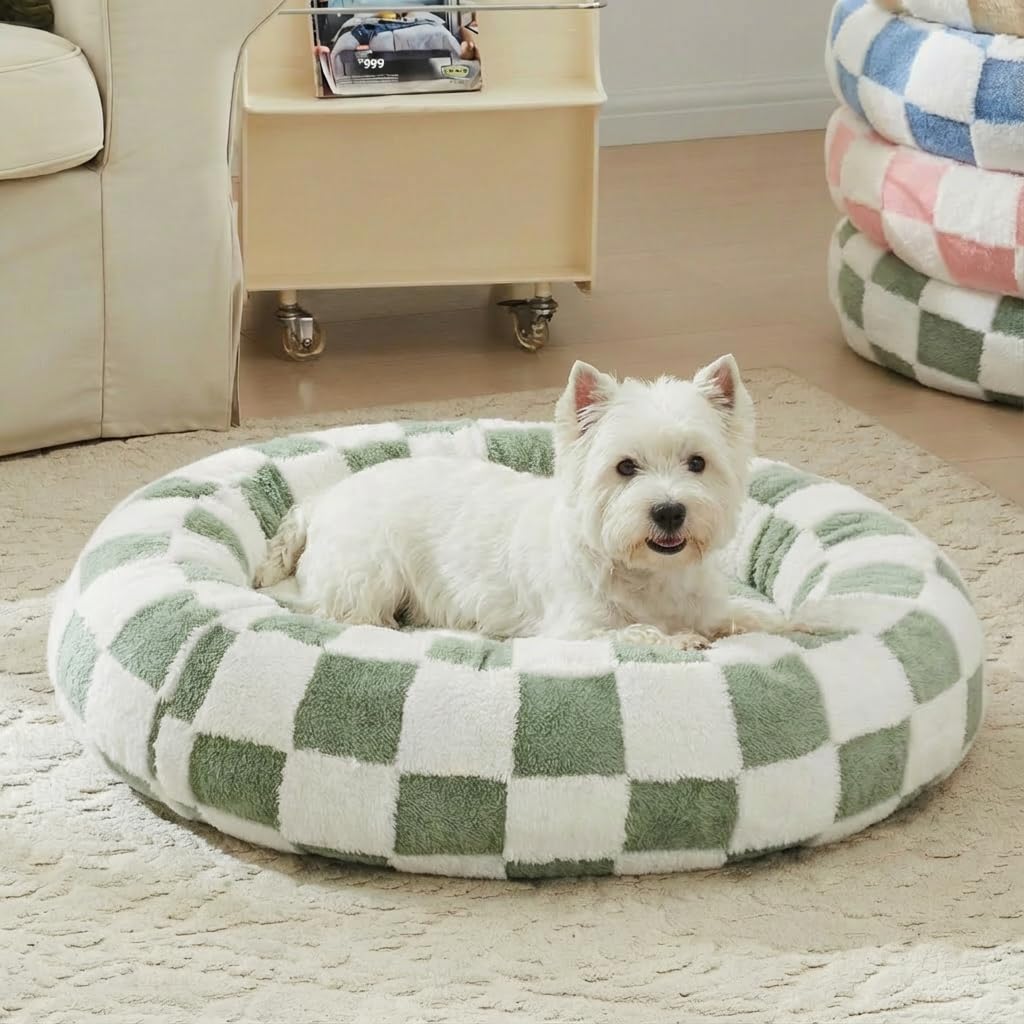 Ohocut lit chien rond à carreaux sage vert, confort chaleureux pour sieste