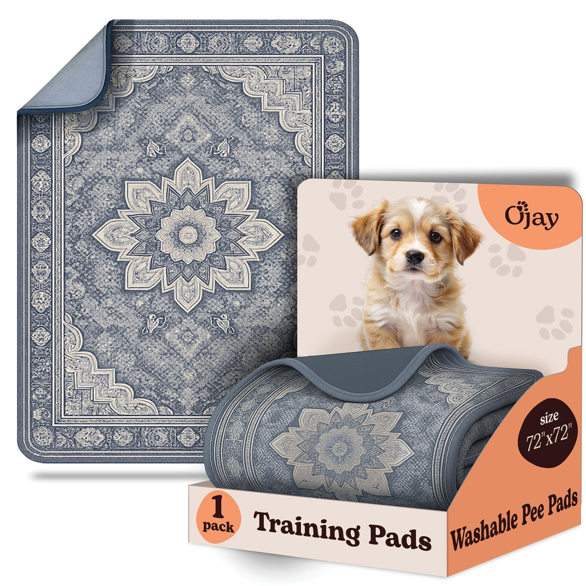 Tapis O'JAY lavable, gris floral, protection durable contre les pipis et déversements.
