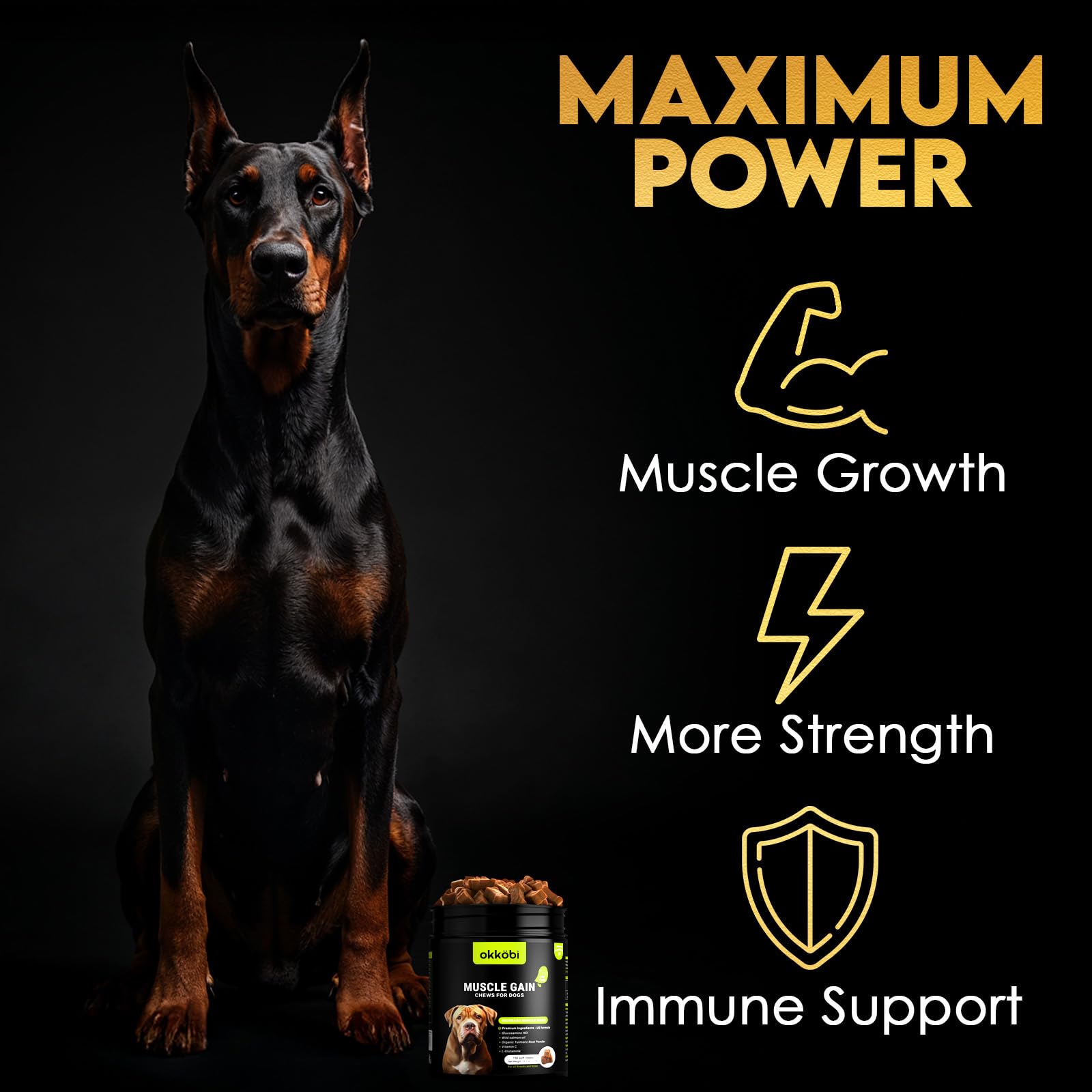 OKKÖBI 11-en-1 bouchées muscle, avant-après potentiel pour chiens actifs.