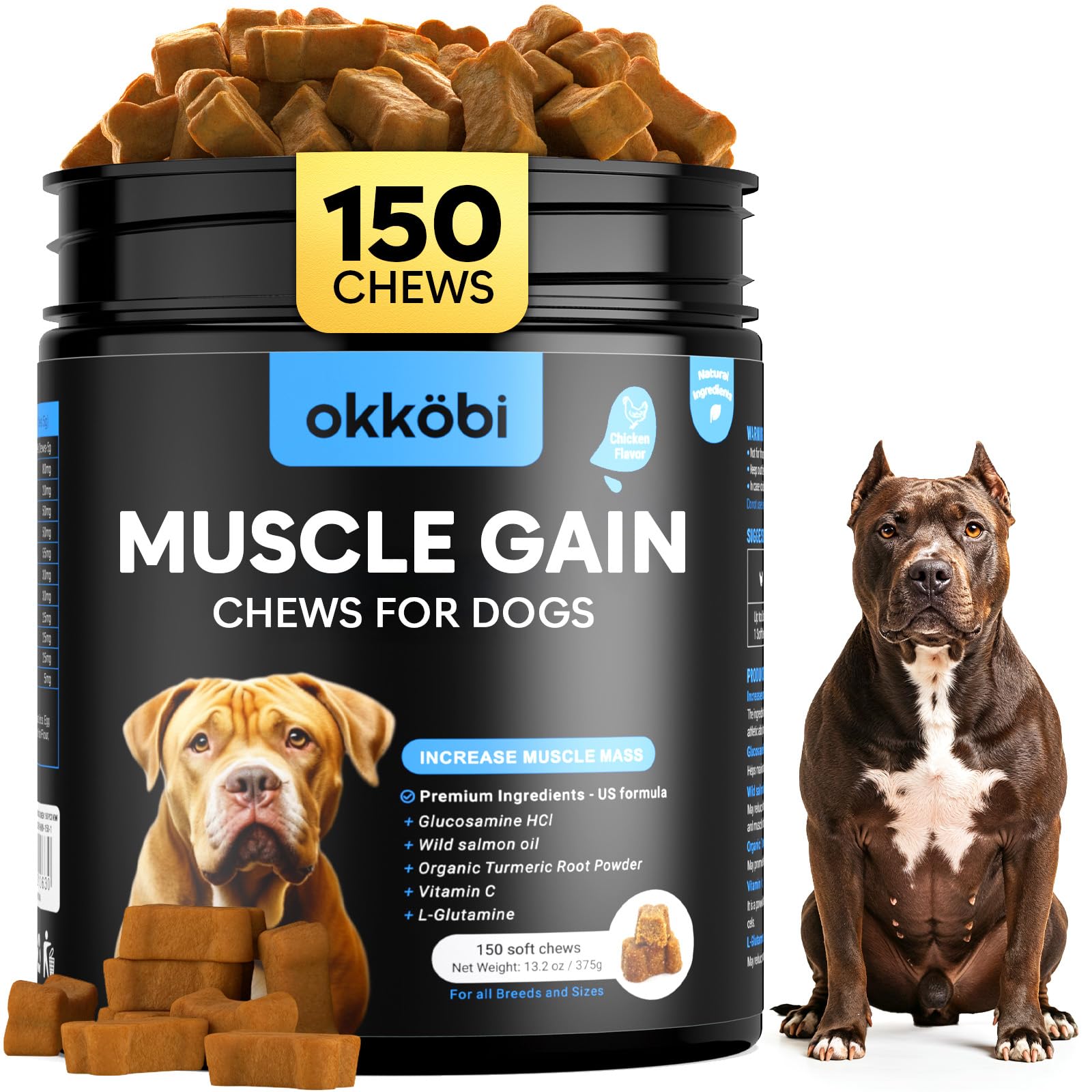 OKKÖBI 11-en-1 Chews bouteille visible, source pratique de protéines pour chien actif.