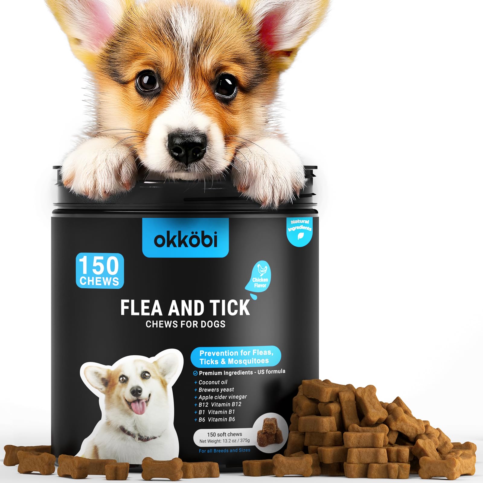 OKKÖBI - Boîte prévention puces pour chiens, emballage clair et pratique.
