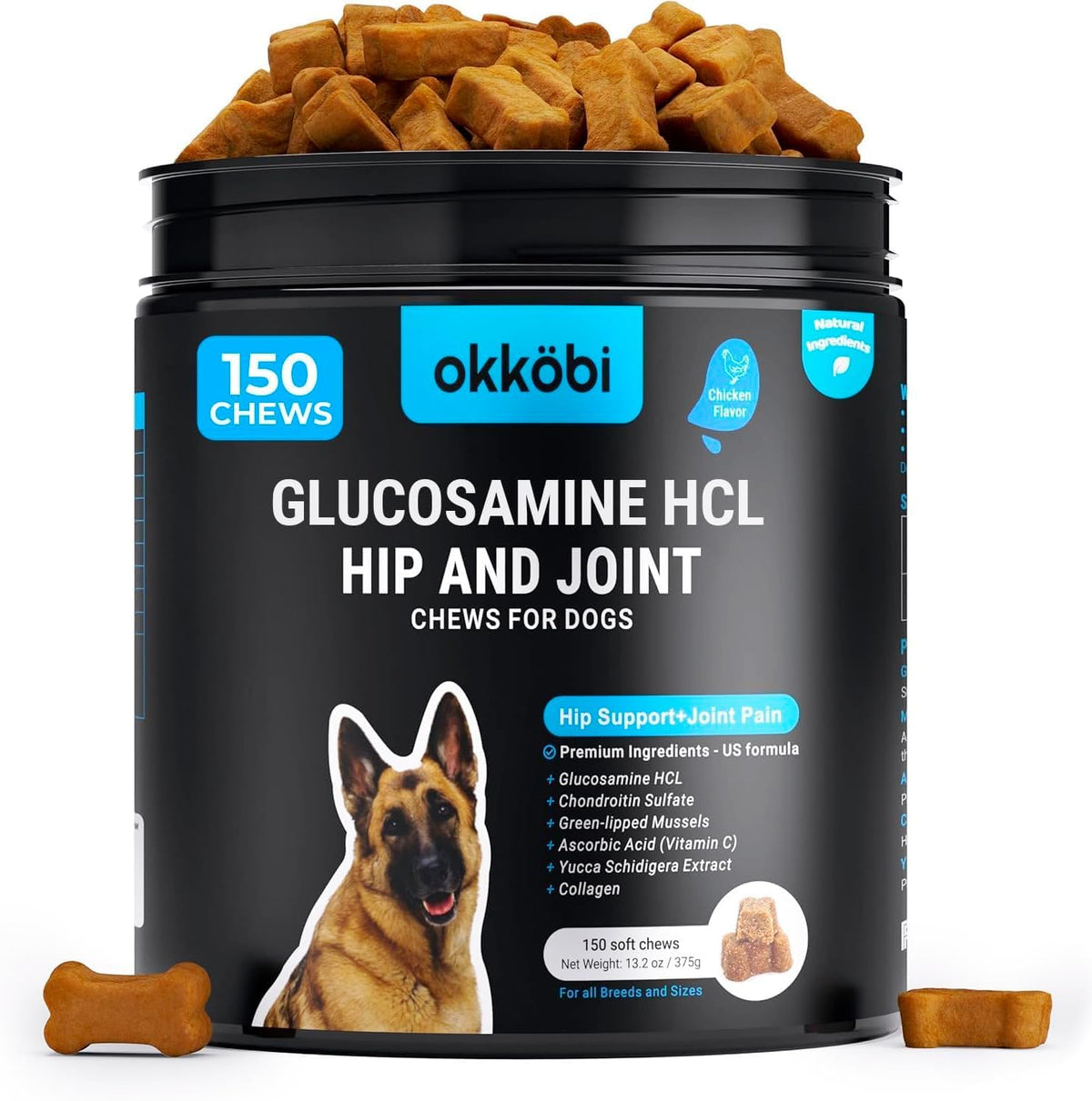 OKKÖBI bouteille de bouchées glucosamine pour soutenir les hanches et la mobilité des chiens.