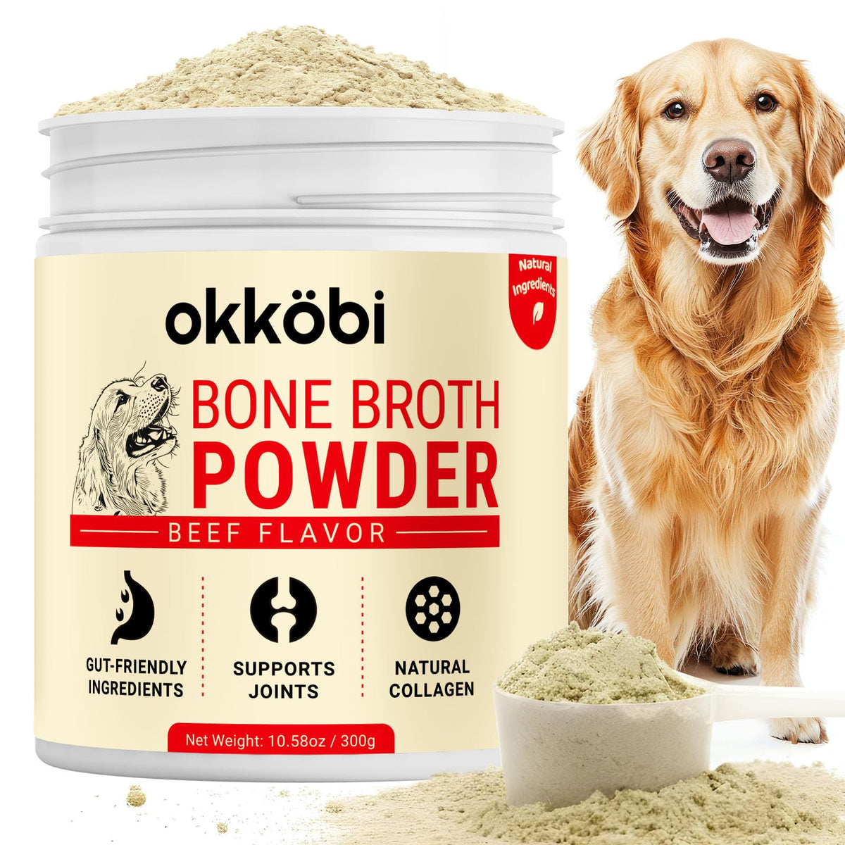 OKKÖBI bouillon d’os de bœuf, bouteille, versement facile pour chien et hydratation.