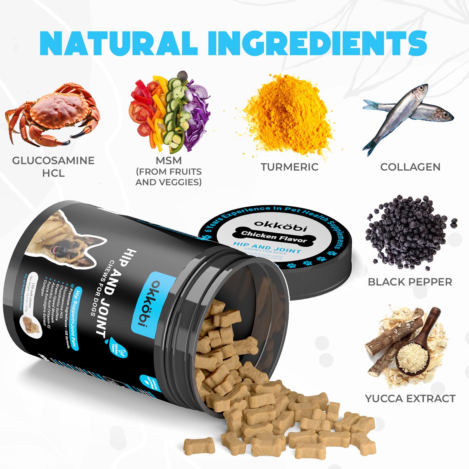 OKKÖBI bouchées glucosamine pour articulations chien, aide potentielle pour les mouvements quotidiens.