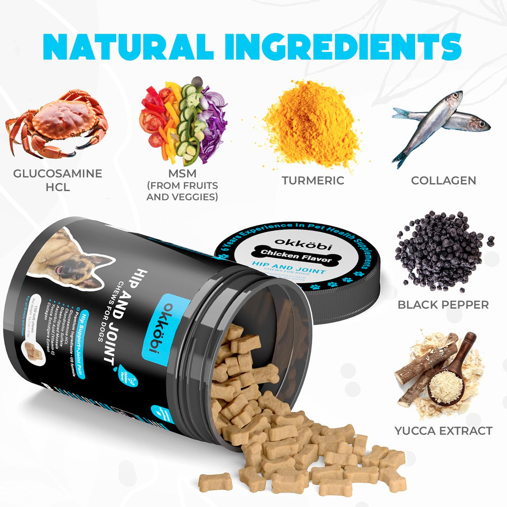 OKKÖBI bouchées glucosamine pour articulations chien, aide potentielle pour les mouvements quotidiens.