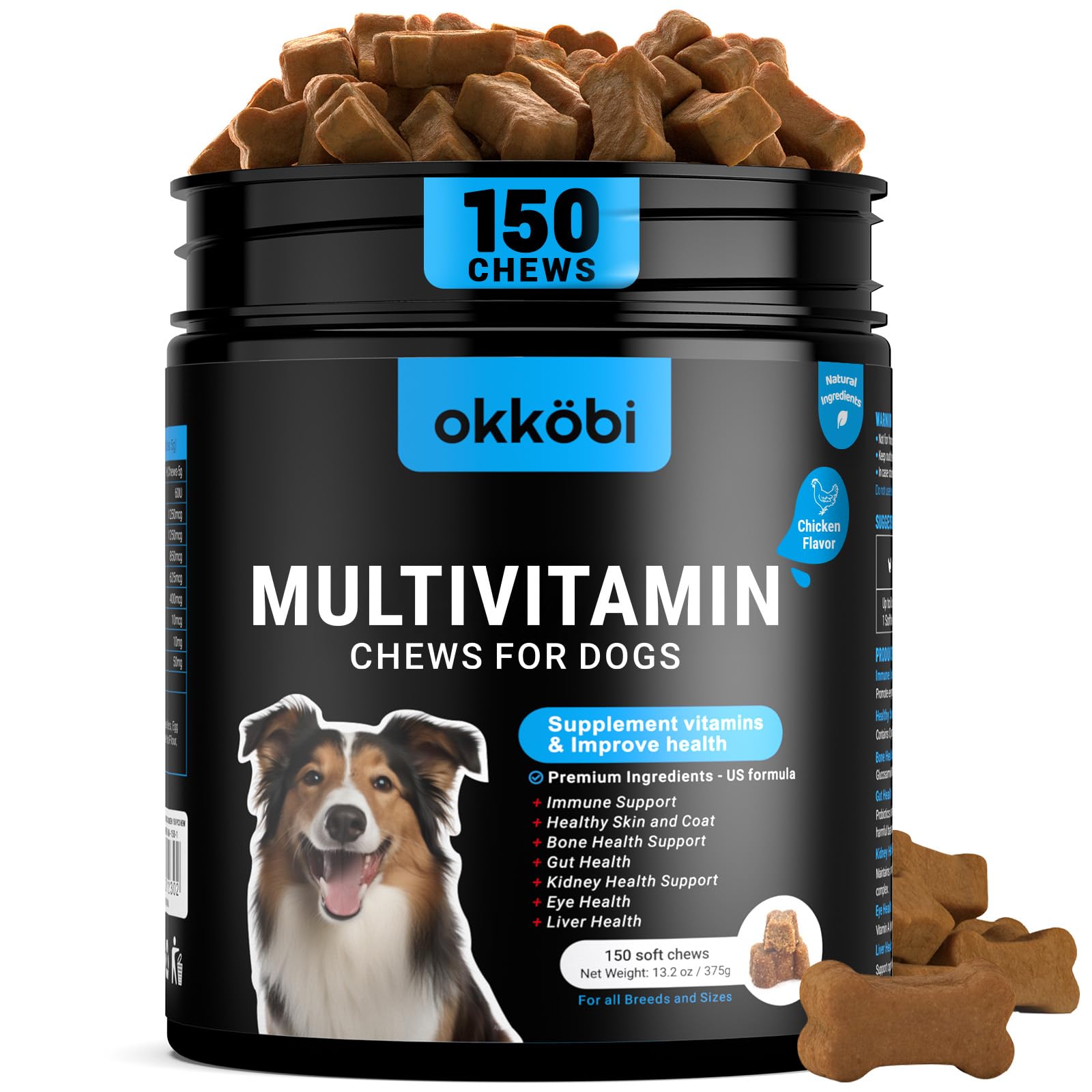 OKKÖBI comprimés masticables multivitamines 150 pour le soutien général du chien.