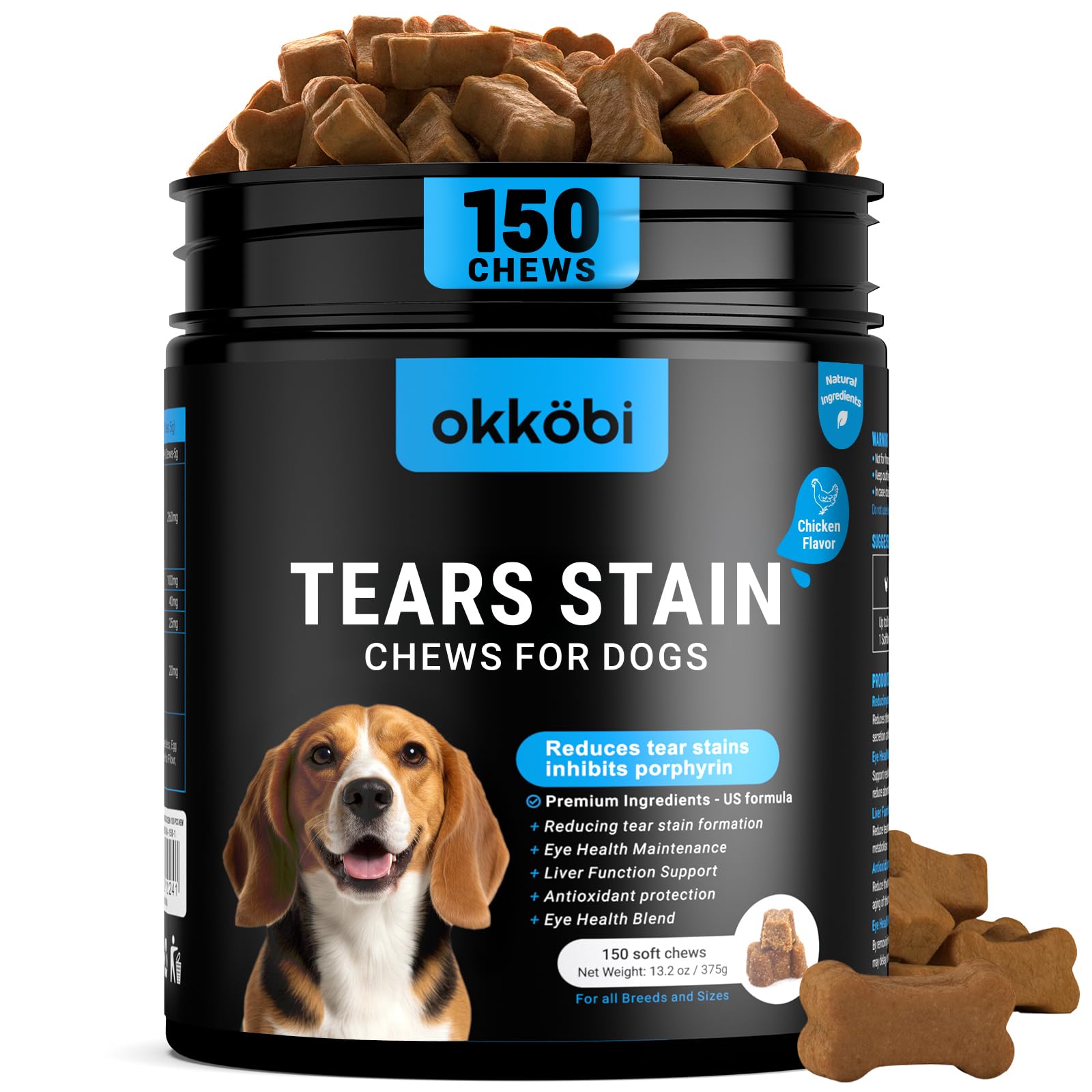 OKKÖBI emballage et bouteille des friandises vision pour chiens, pratique pour administration.