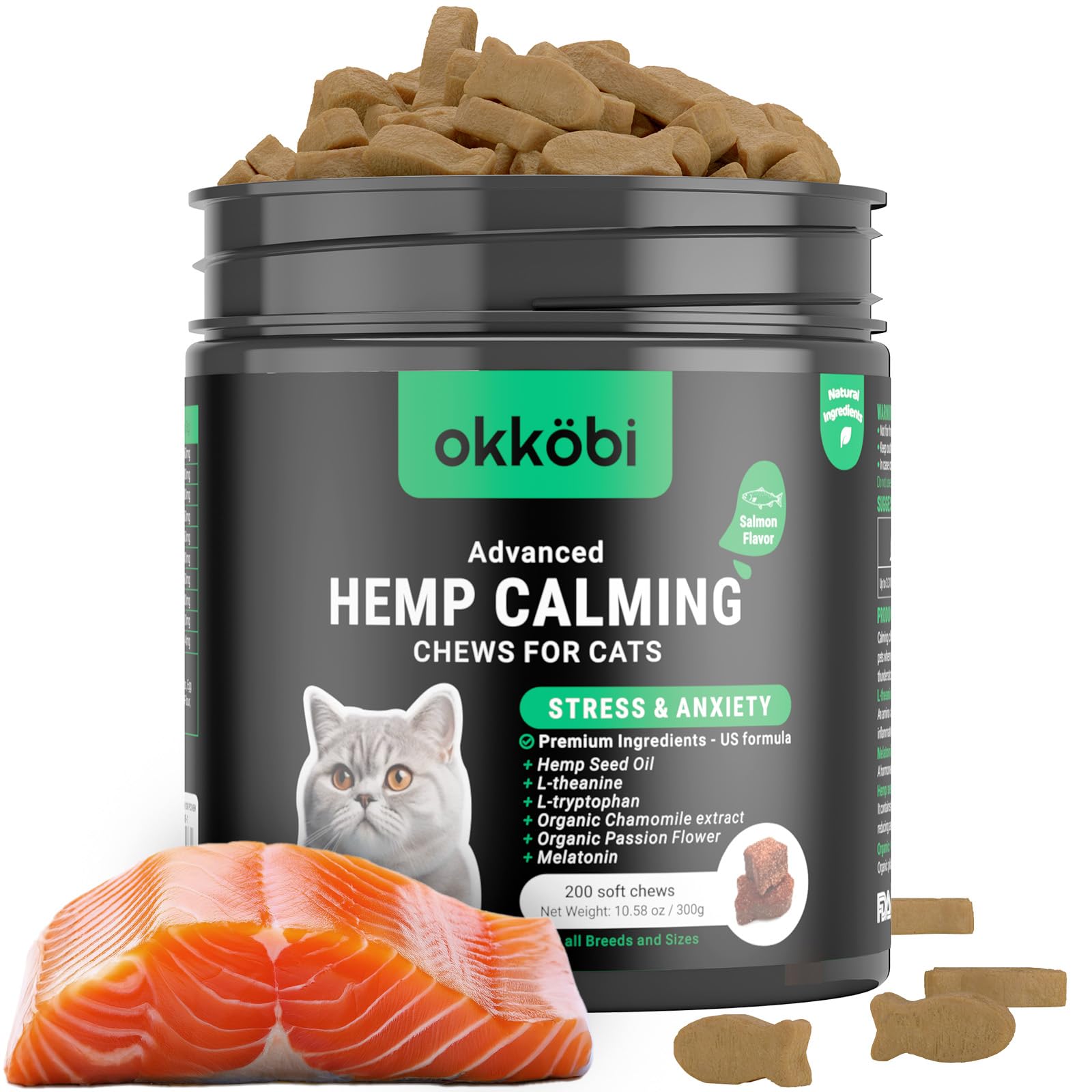 OKKÖBI friandises calmantes pour chats saumon, réduction du stress en voyage.