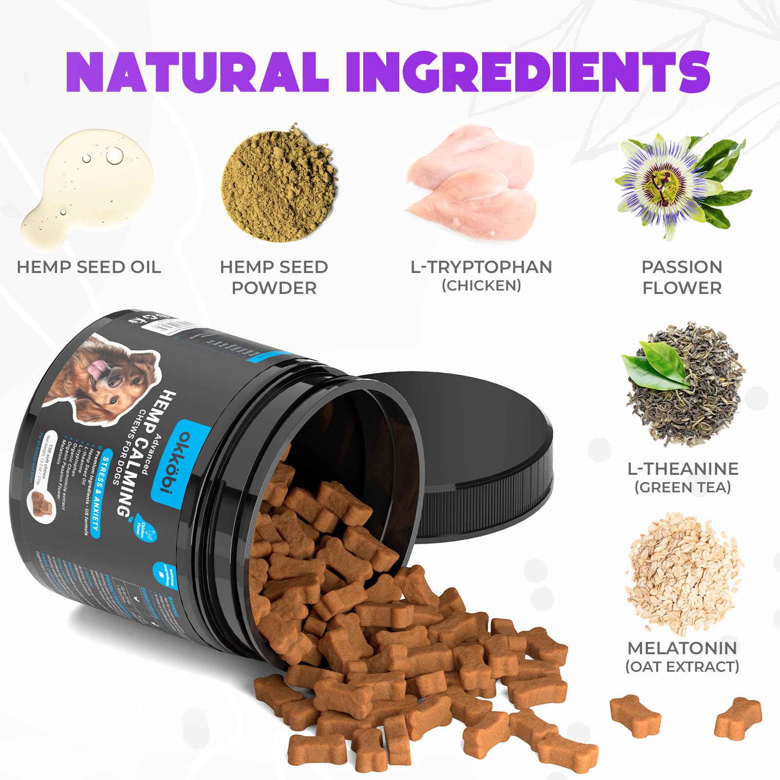 Friandises OKKÖBI saveur poulet, chien prêt à déguster et se sentir plus calme.