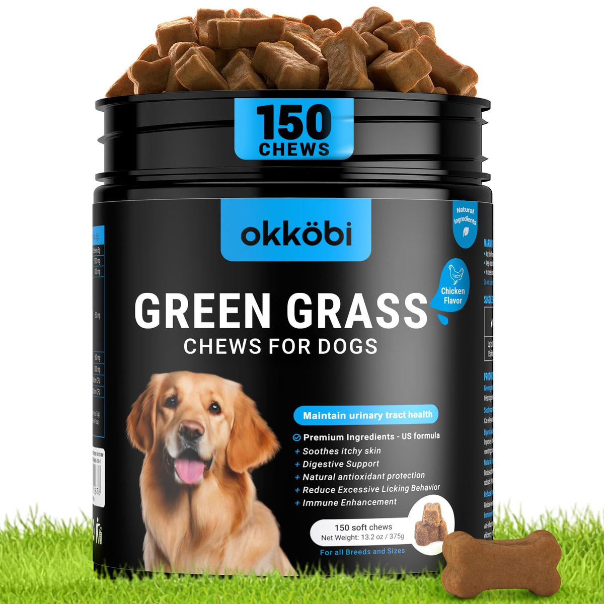 OKKÖBI friandises pelouse verte: soutien potentiel à l'équilibre urinaire et gazon sain.