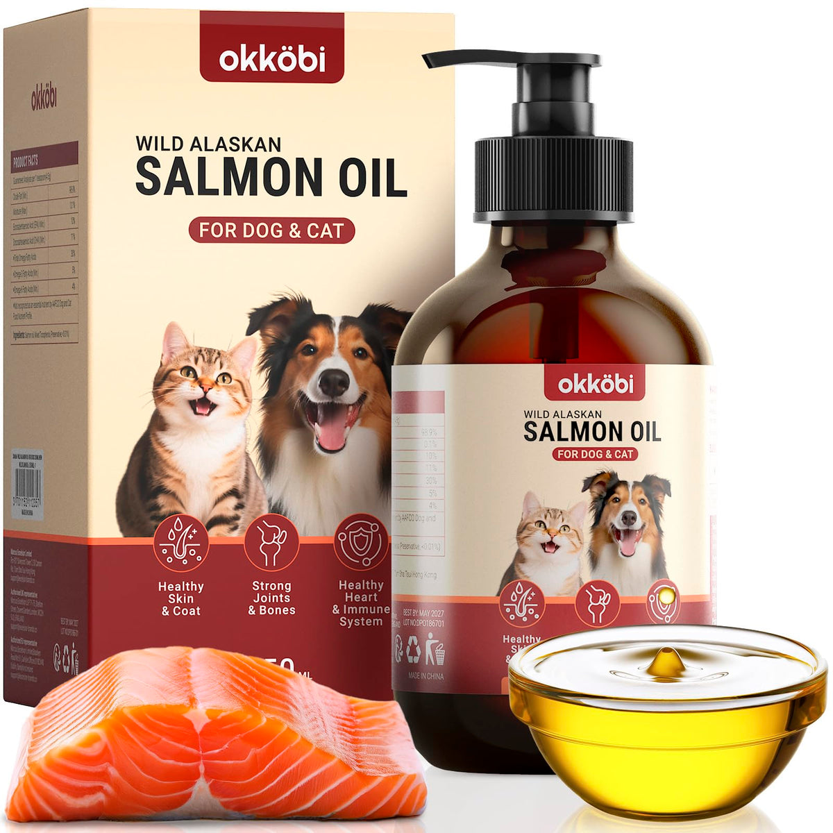 OKKÖBI huile saumon sauvage – bouteille 241 ml pour peau saine et pelage brillant.