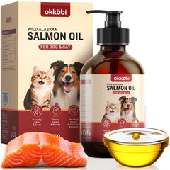 OKKÖBI huile saumon sauvage – bouteille 241 ml pour peau saine et pelage brillant.