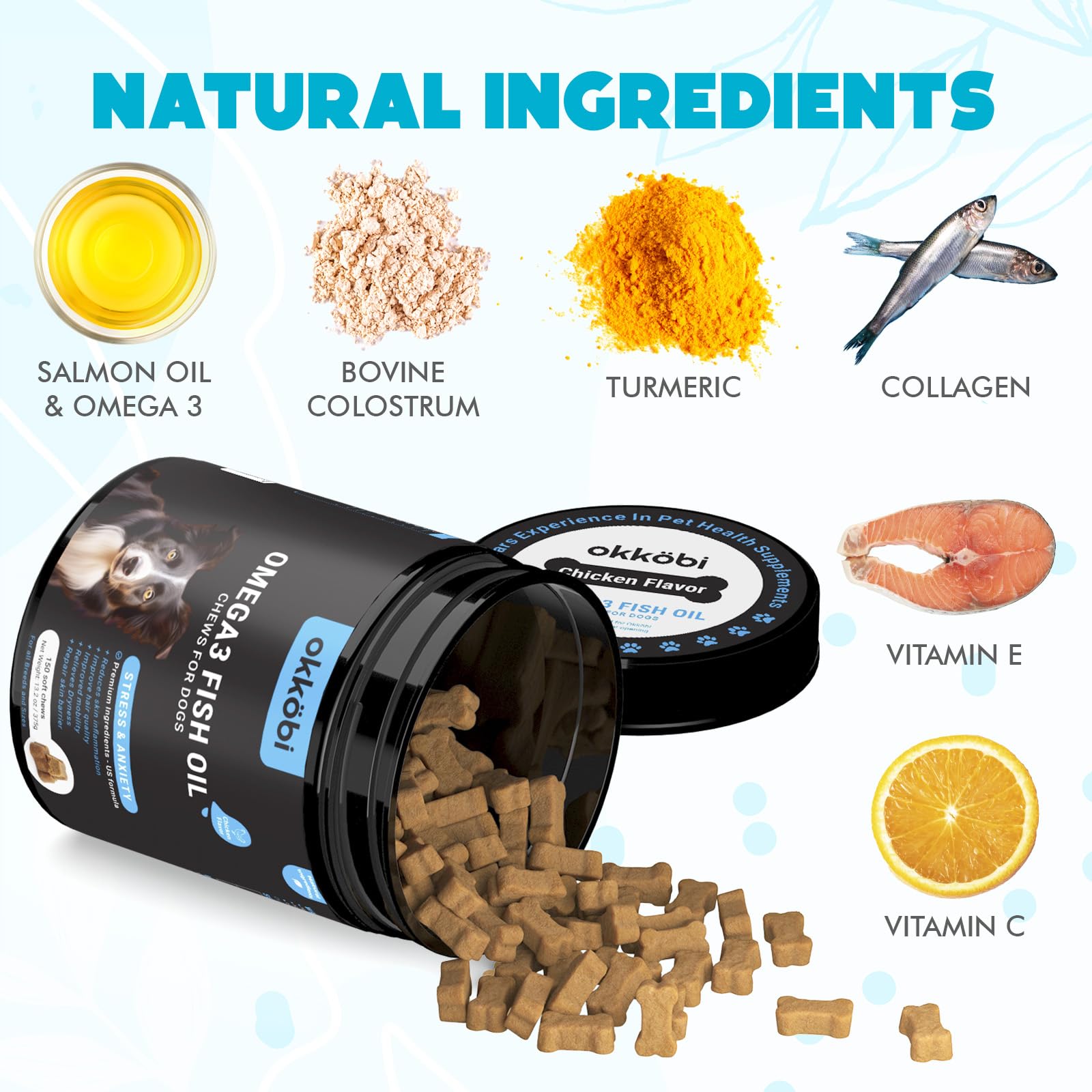OKKÖBI Omega 3 pour chiens – gommes pour pelage brillant et peau saine.