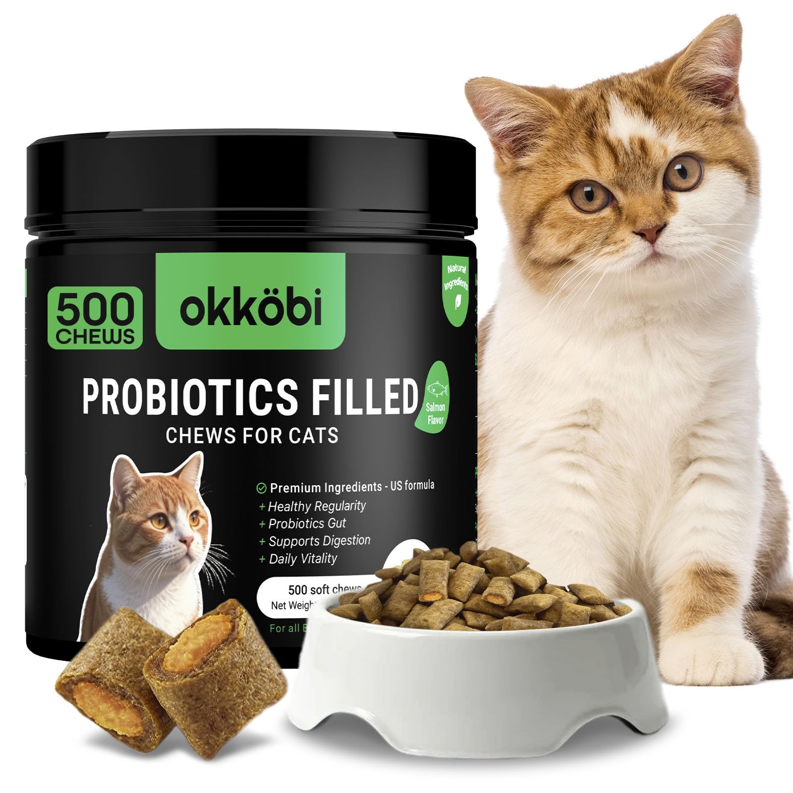 OKKÖBI probiotiques pour chats – emballage des bouchées au saumon