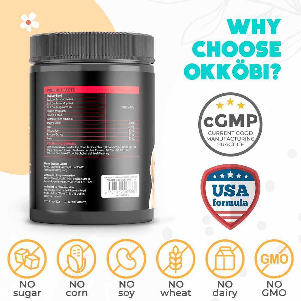 OKKÖBI Probiotiques pour Chiens, utilisation après repas pour soutien potentiel.