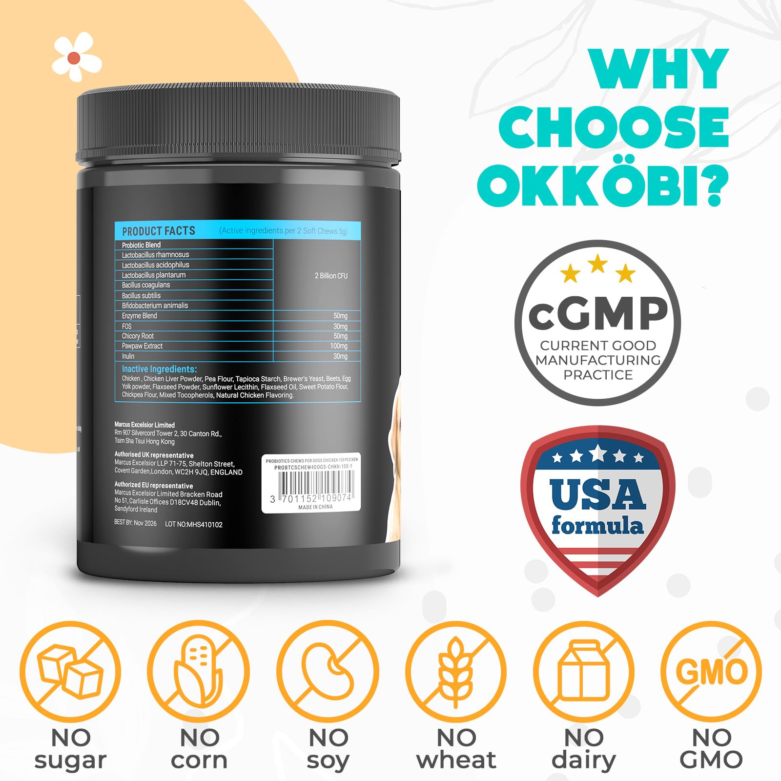 OKKÖBI Probiotiques pour chiens, ingrédients naturels, fibres et enzymes