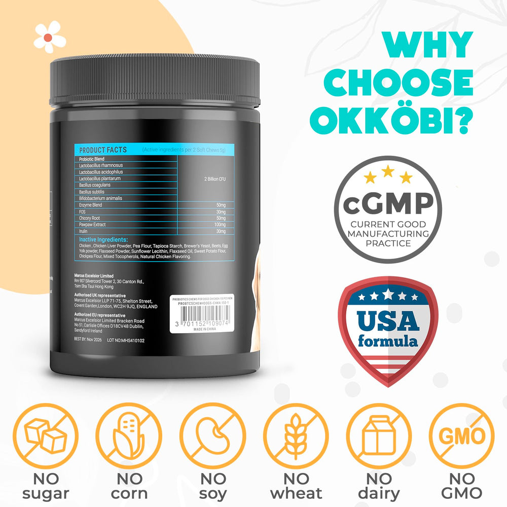 OKKÖBI Probiotiques pour chiens, ingrédients naturels, fibres et enzymes