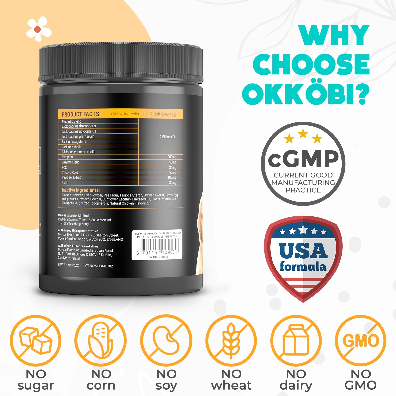 Ingrédients naturels OKKÖBI, enzymes et probiotiques pour chien.
