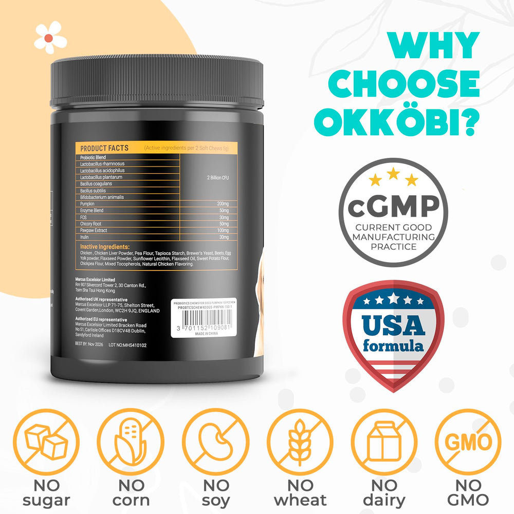 Ingrédients naturels OKKÖBI, enzymes et probiotiques pour chien.