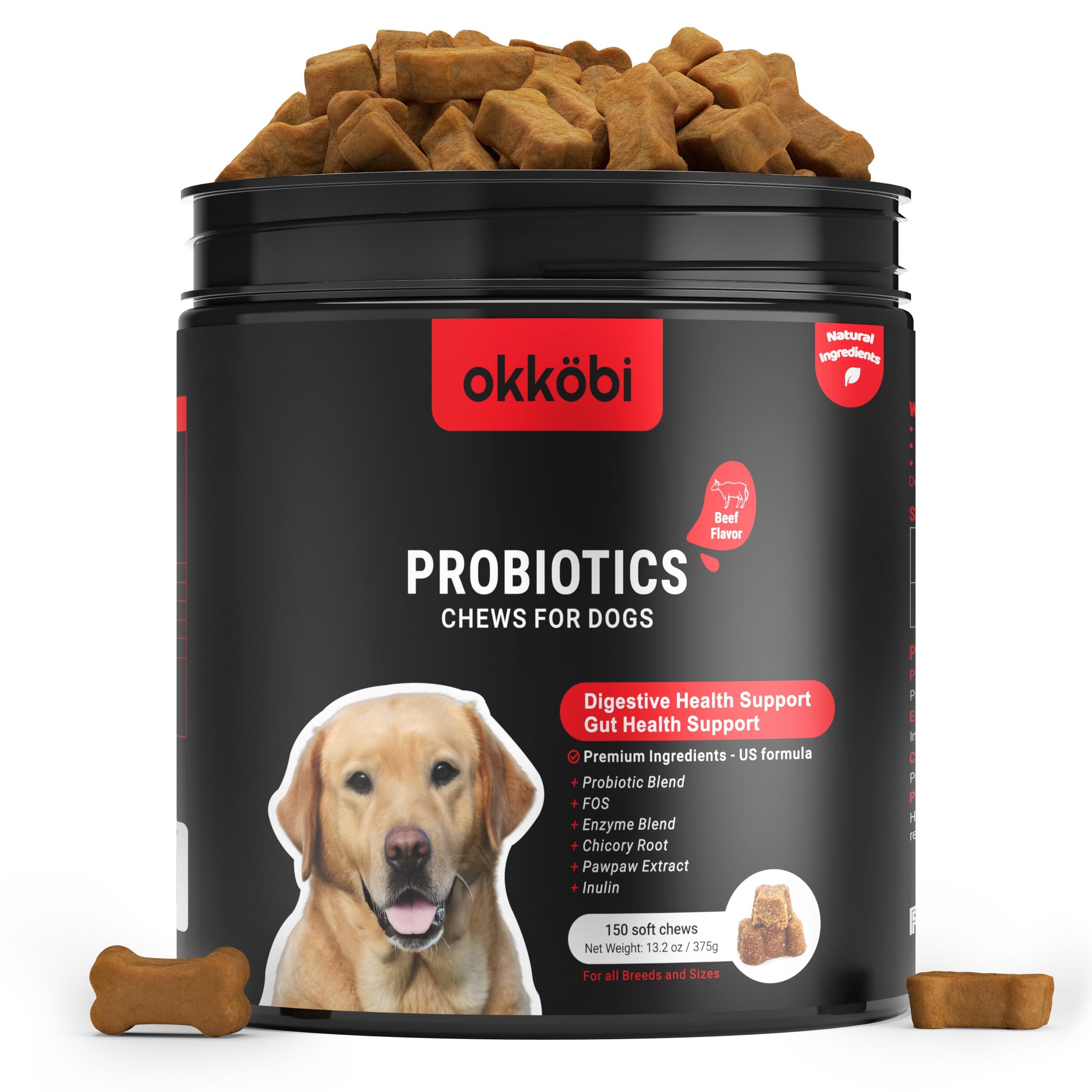 OKKÖBI Probiotiques pour Chiens, emballage boeuf, démarrage facile et pratique.