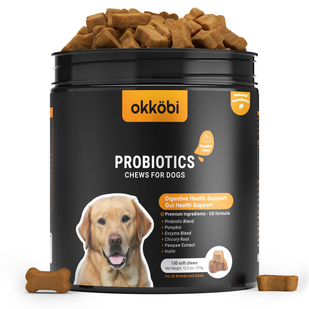 Gommes probiotiques OKKÖBI pour chien, emballage pratique et 150 gommes.