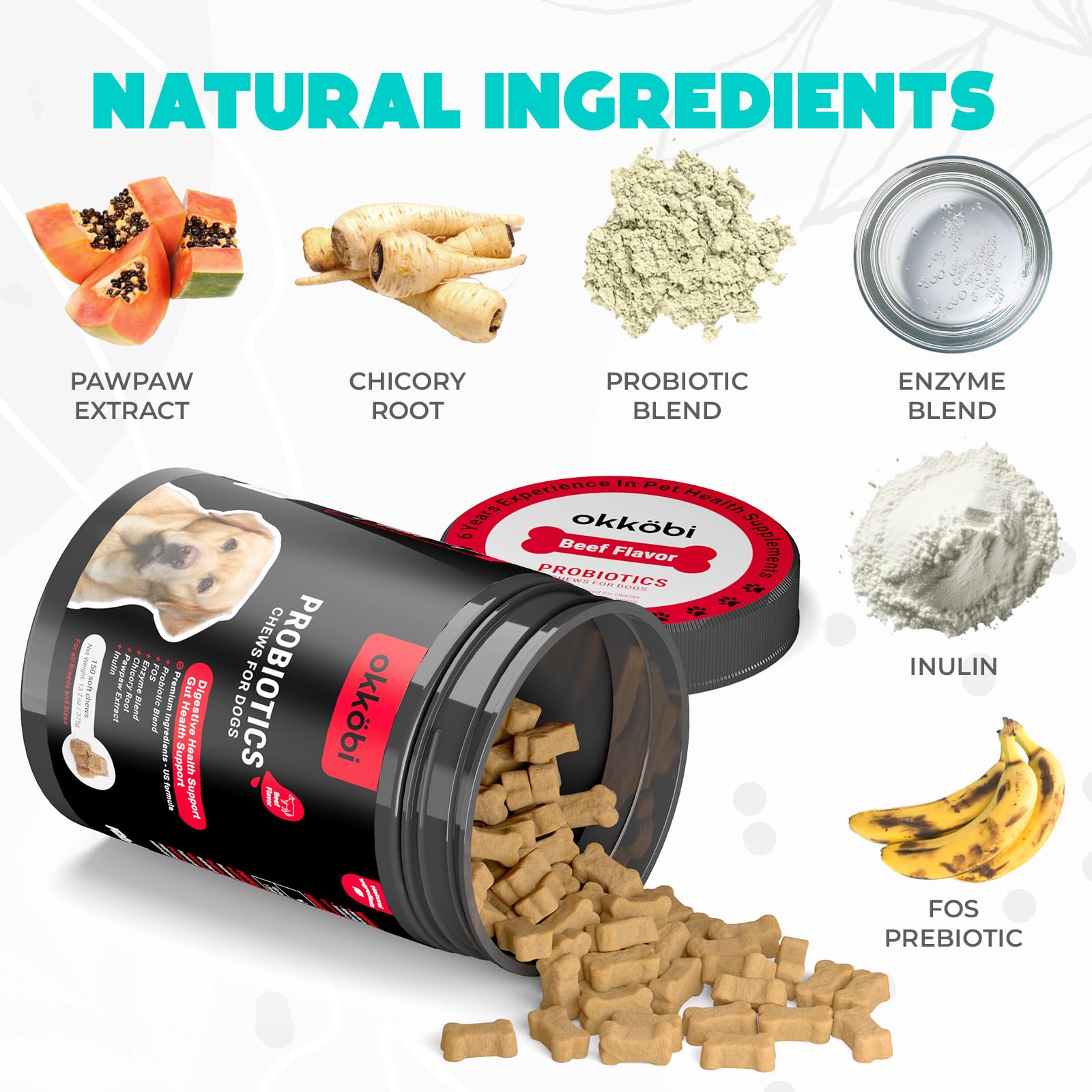 OKKÖBI Probiotiques pour Chiens, saveur poulet, appétence assurée.