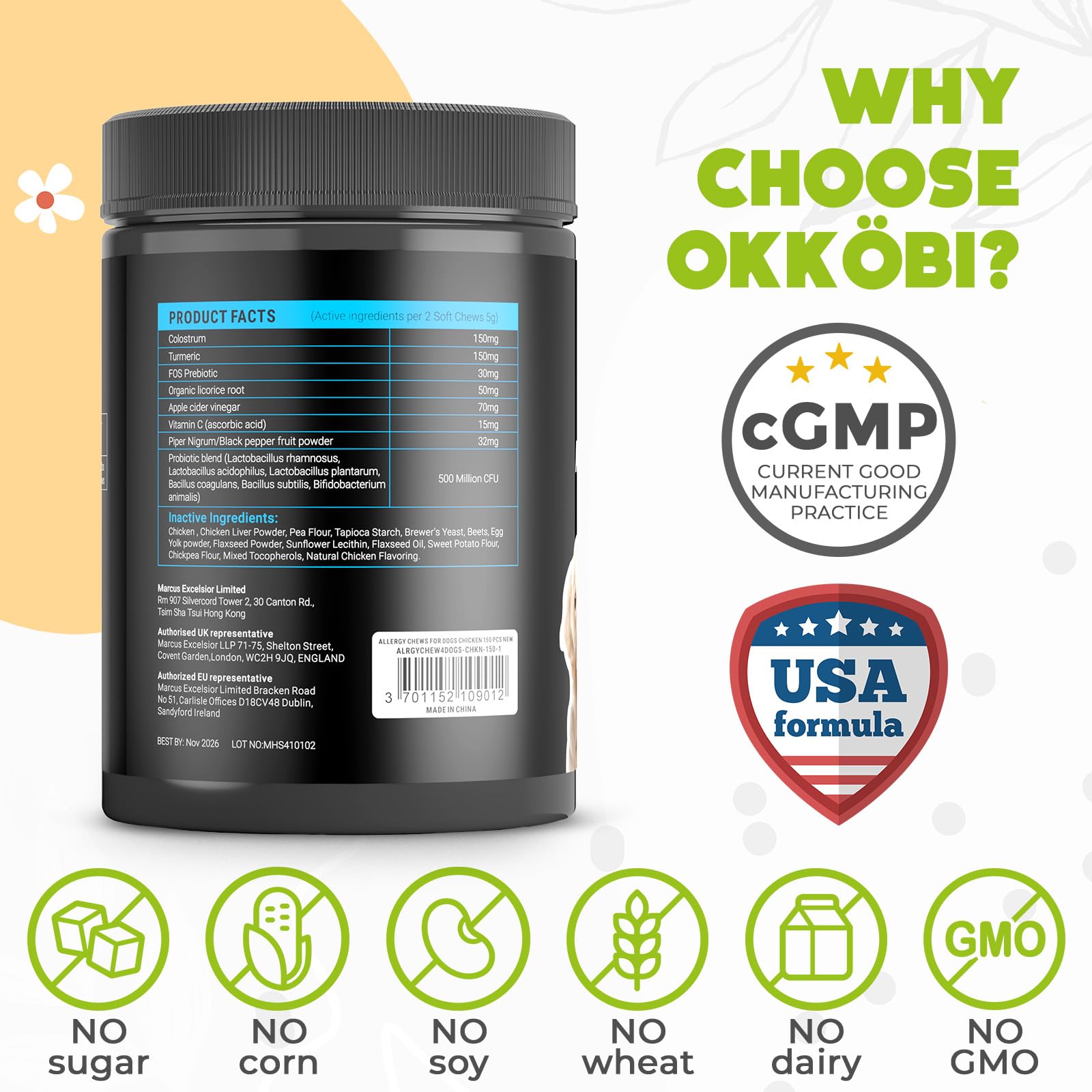 OKKÖBI probiotiques et prébiotiques pour chien, soutien digestif.