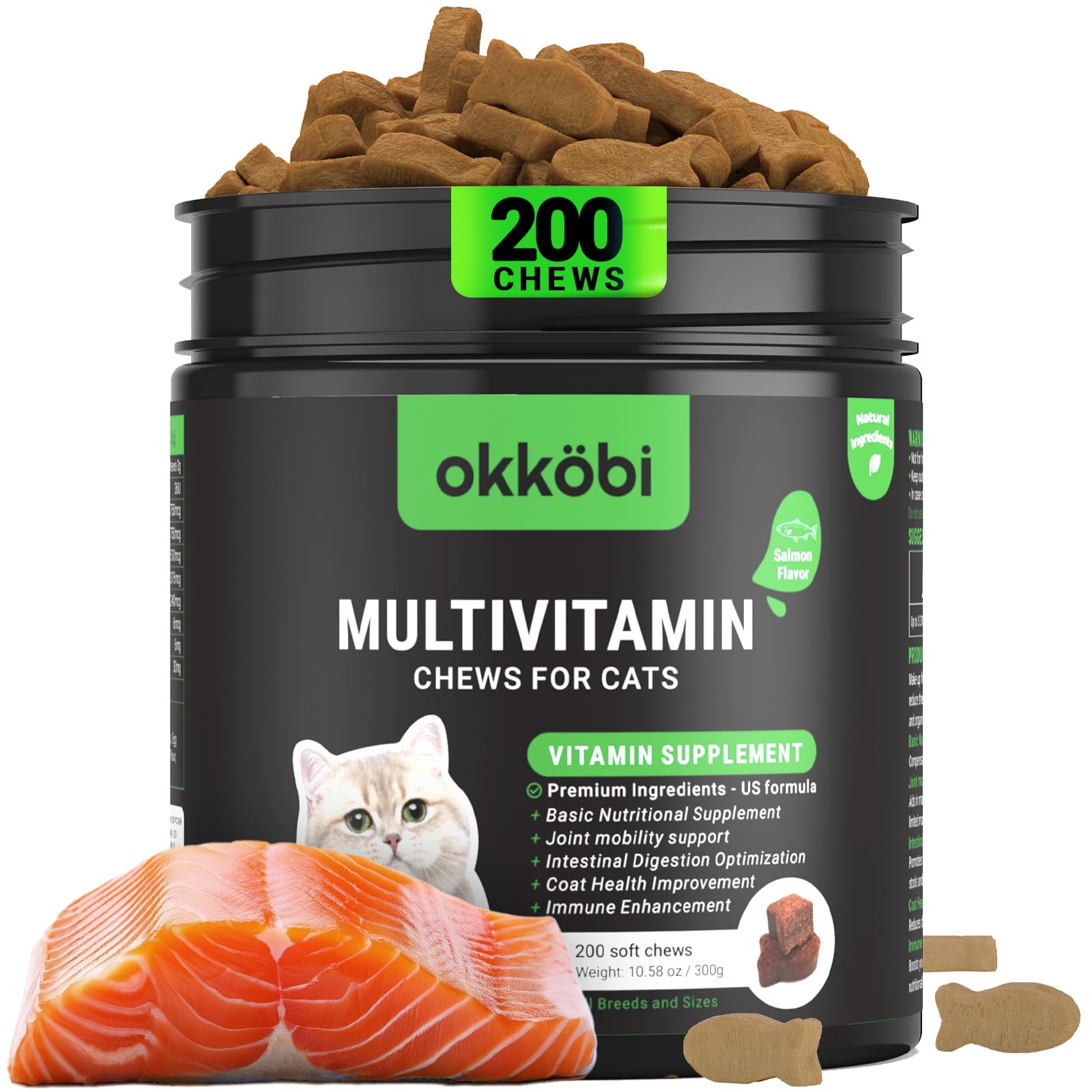 OKKÖBI vitamine-chat saveur saumon, récompense gourmande et nutriments essentiels.