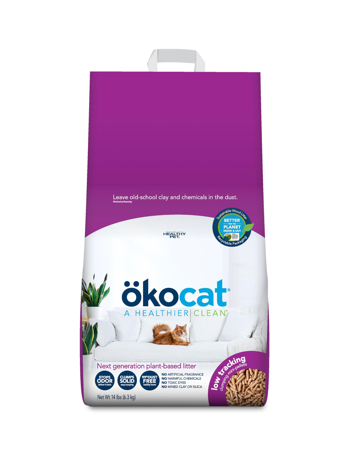 okocat litière granulés bois miniatures, absorption rapide et agglomerats solides.