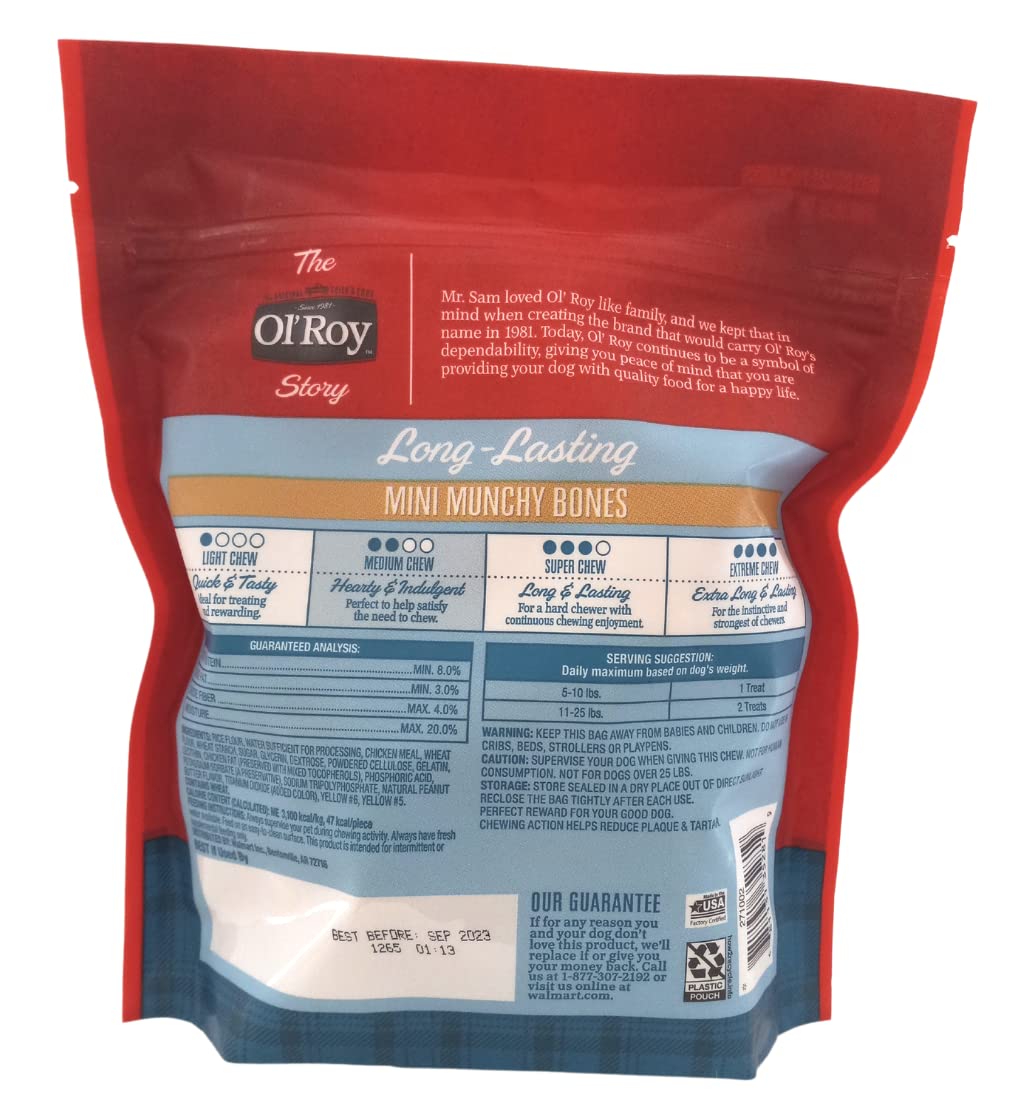 Emballage refermable Ol' Roy Mini Munchy Bones, pratique et frais après chaque collation.