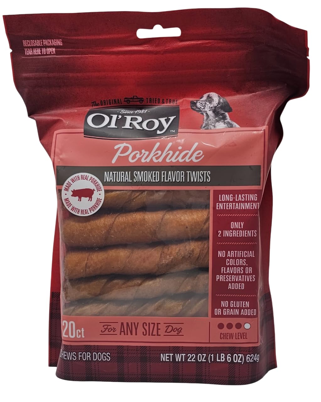 Twists peau de porc Ol' Roy dans un sachet refermable, arôme fumé naturel.