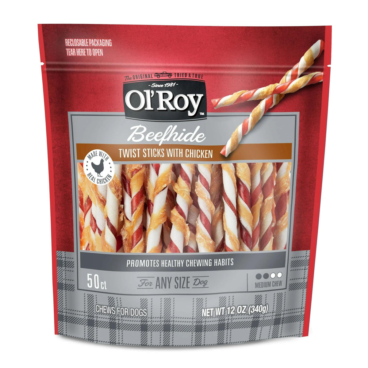 Friandise Ol-Roy tiges torsade boeuf-poulet favorisant longue mastication