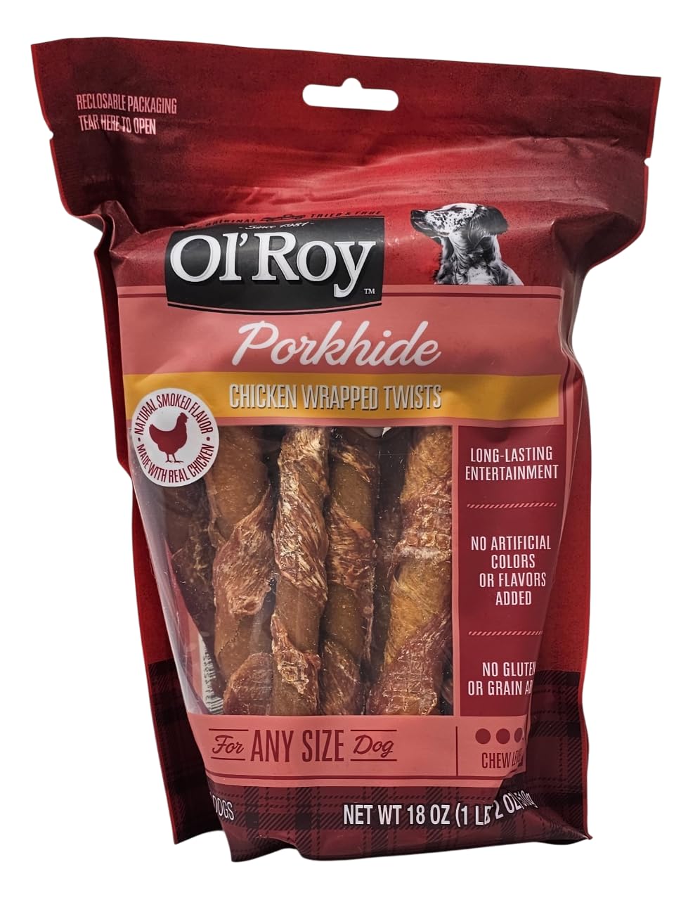 Friandises Ol' Roy Twists porc et poulet enveloppés, texture croquante et arôme appétissant.