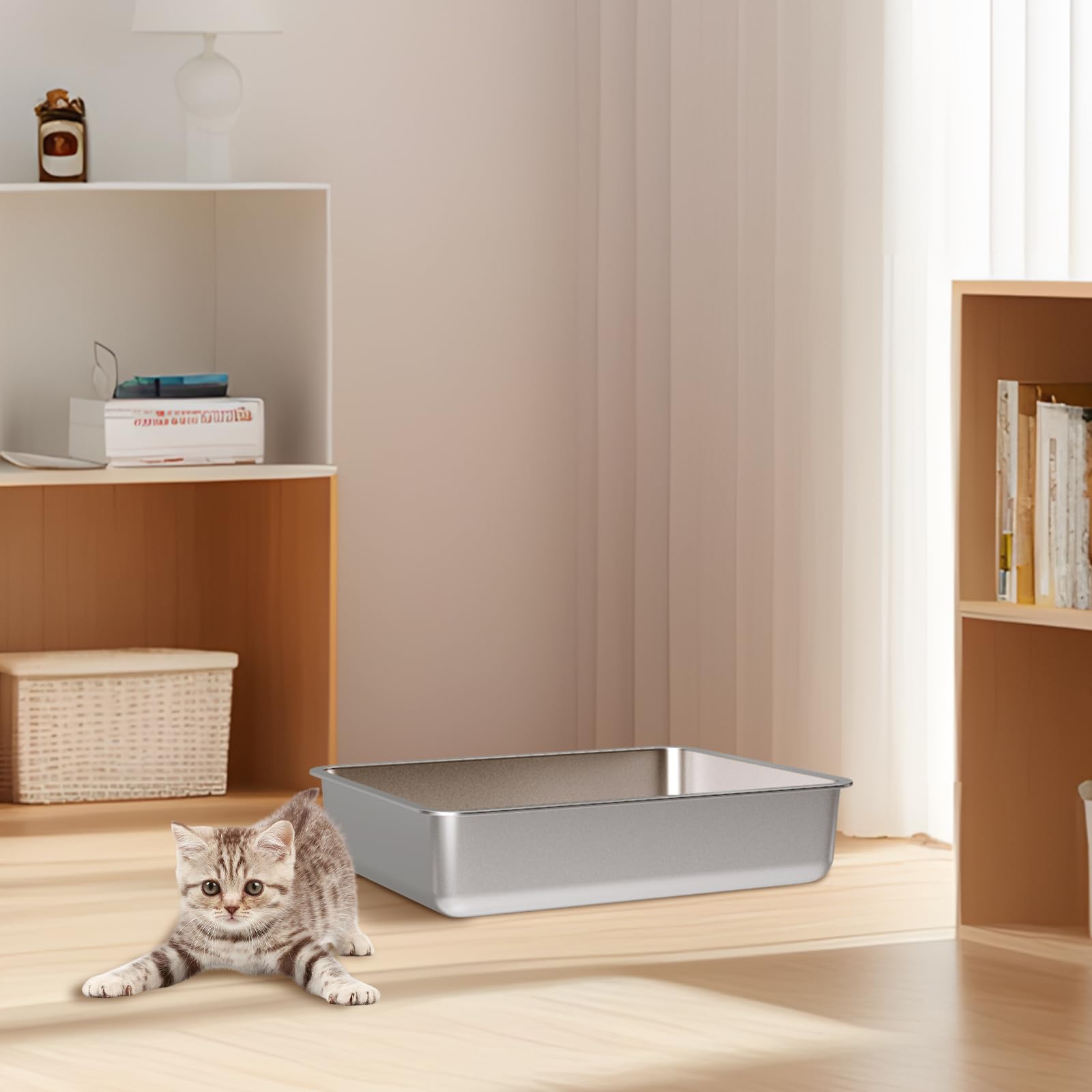 Olacat bac-litiere acier inox accessible-petits : convient chaton et rongeurs