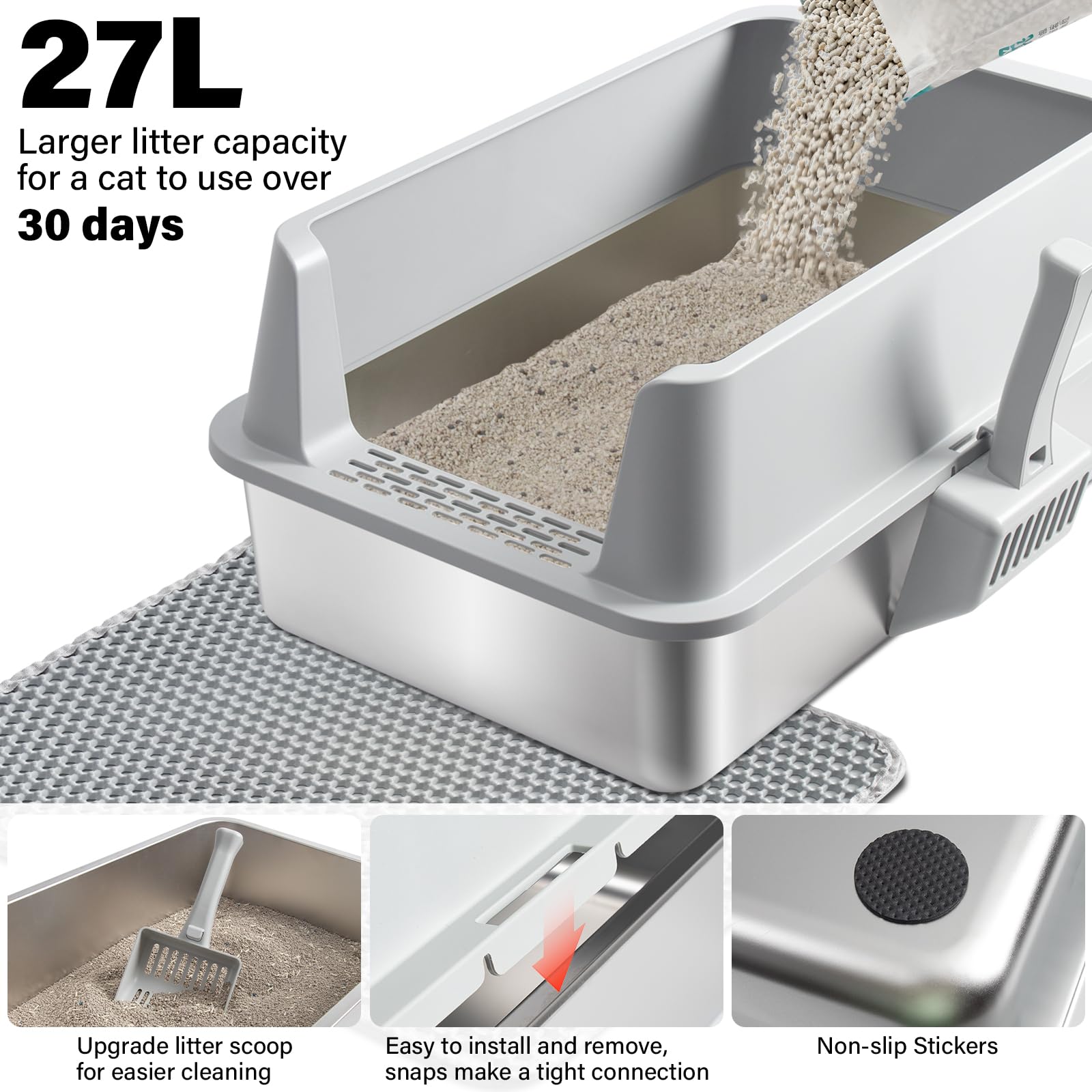 Olacat bac-litière inox tapis de litière inclus pour plus de confort