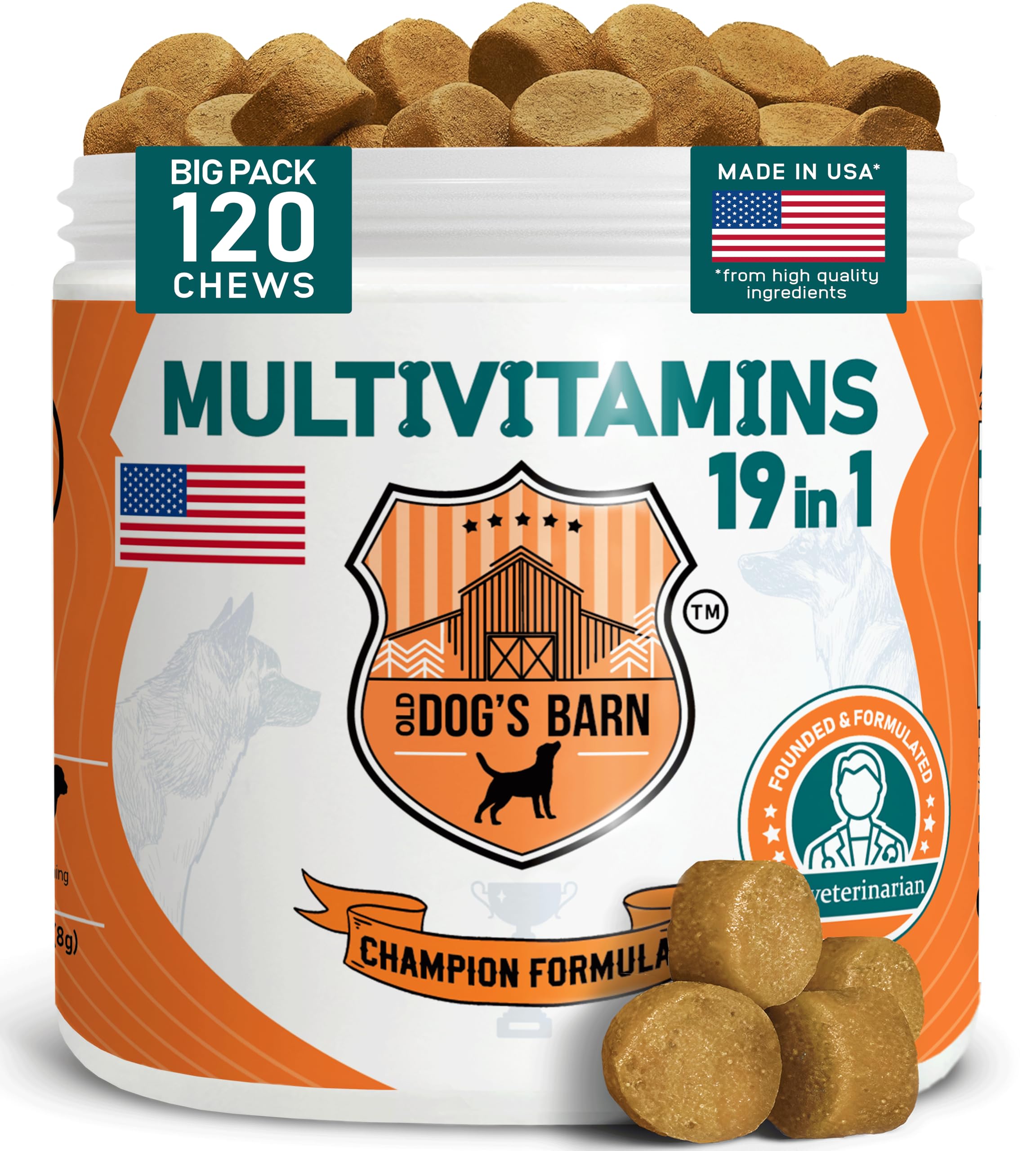Old Dog's Barn Multivitamins, bouteille visible, soutien nutritionnel quotidien pour chien actif.