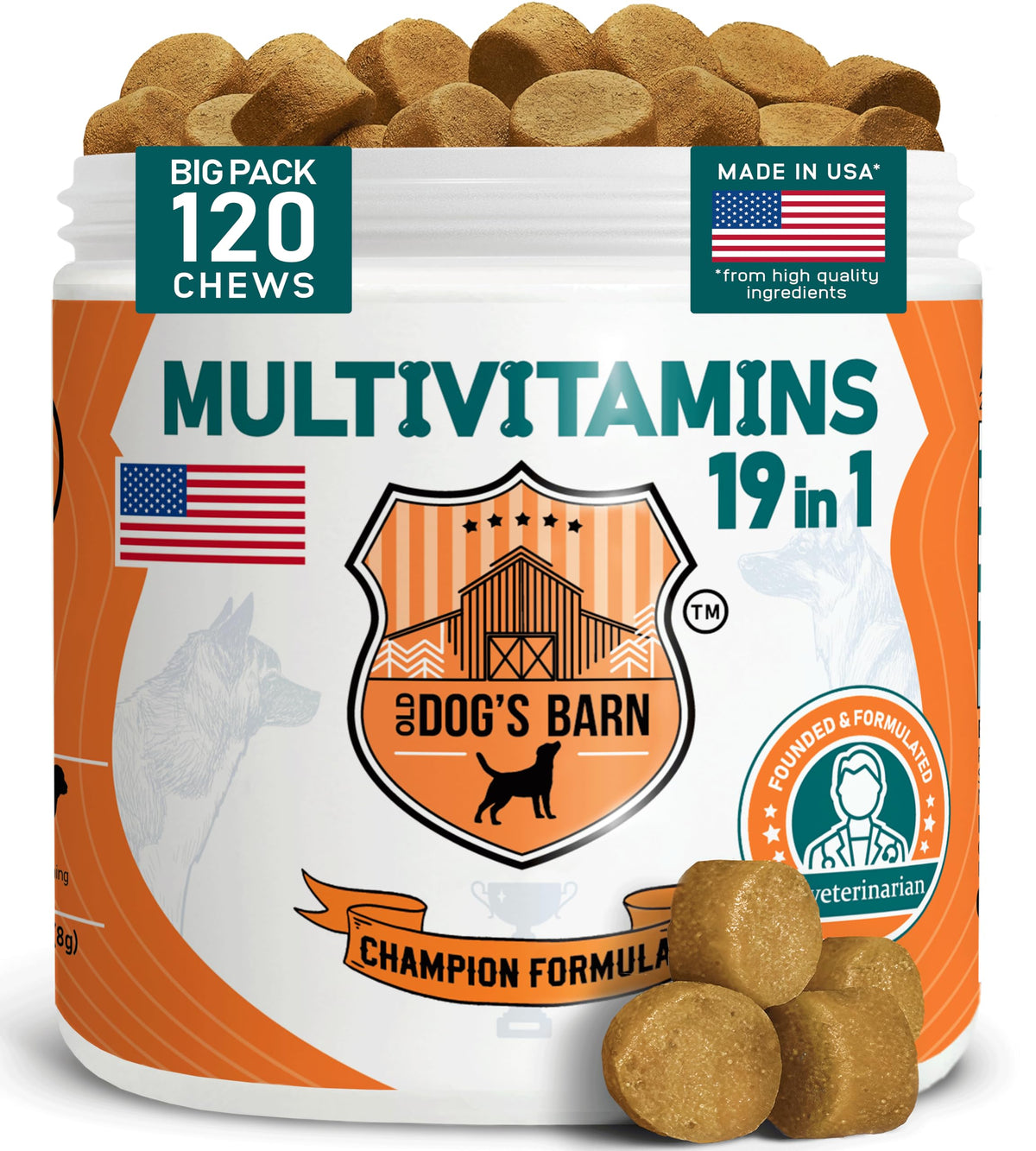Old Dog's Barn Multivitamins, bouteille visible, soutien nutritionnel quotidien pour chien actif.