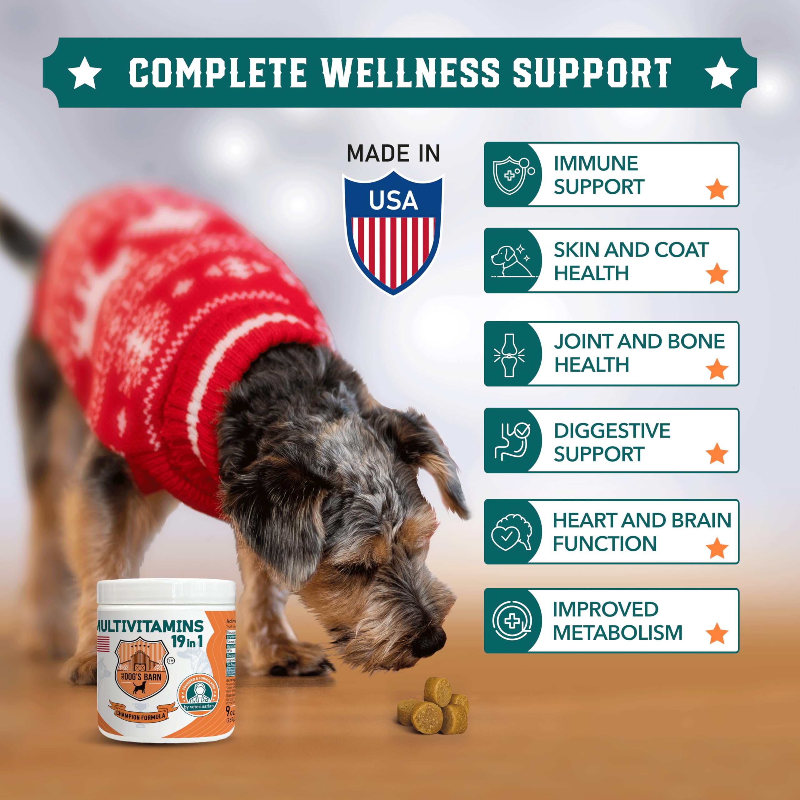Probiotiques Old Dog's Barn en pot, aide potentielle à l'équilibre digestif.