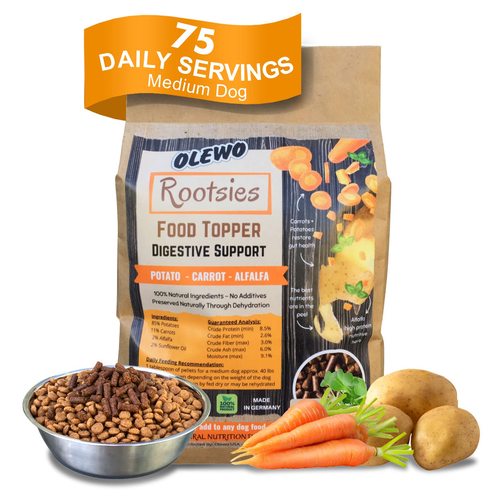 Olewo Rootsies dans son bocal, pellets faciles à ajouter au repas du chien.