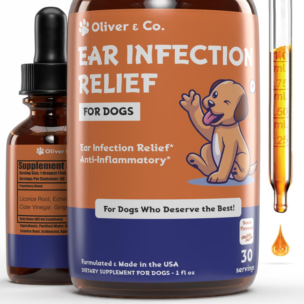 Oliver & Co nettoyant oreilles chien saveur bacon, flacon 30 ml.