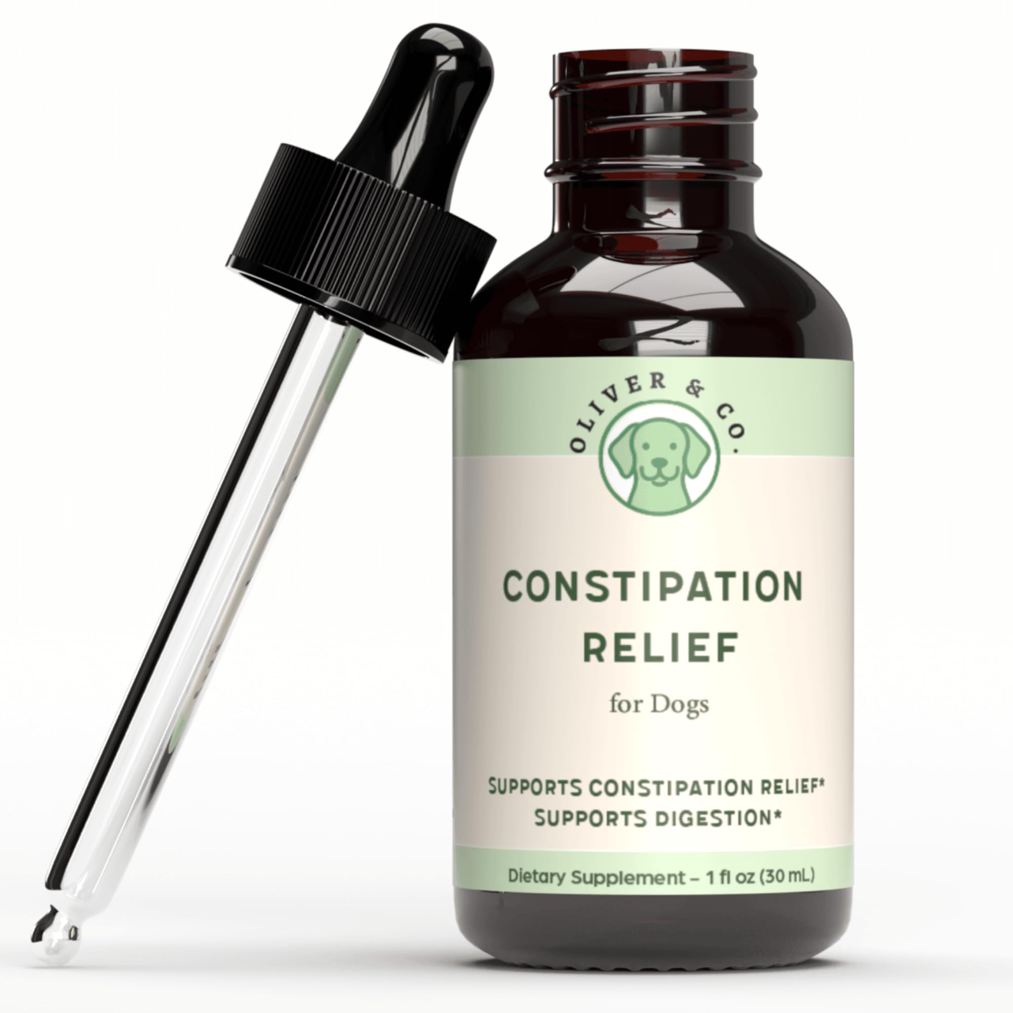 Oliver & Co Constipation Relief pour chien : flacon pratique pour un soutien digestif.